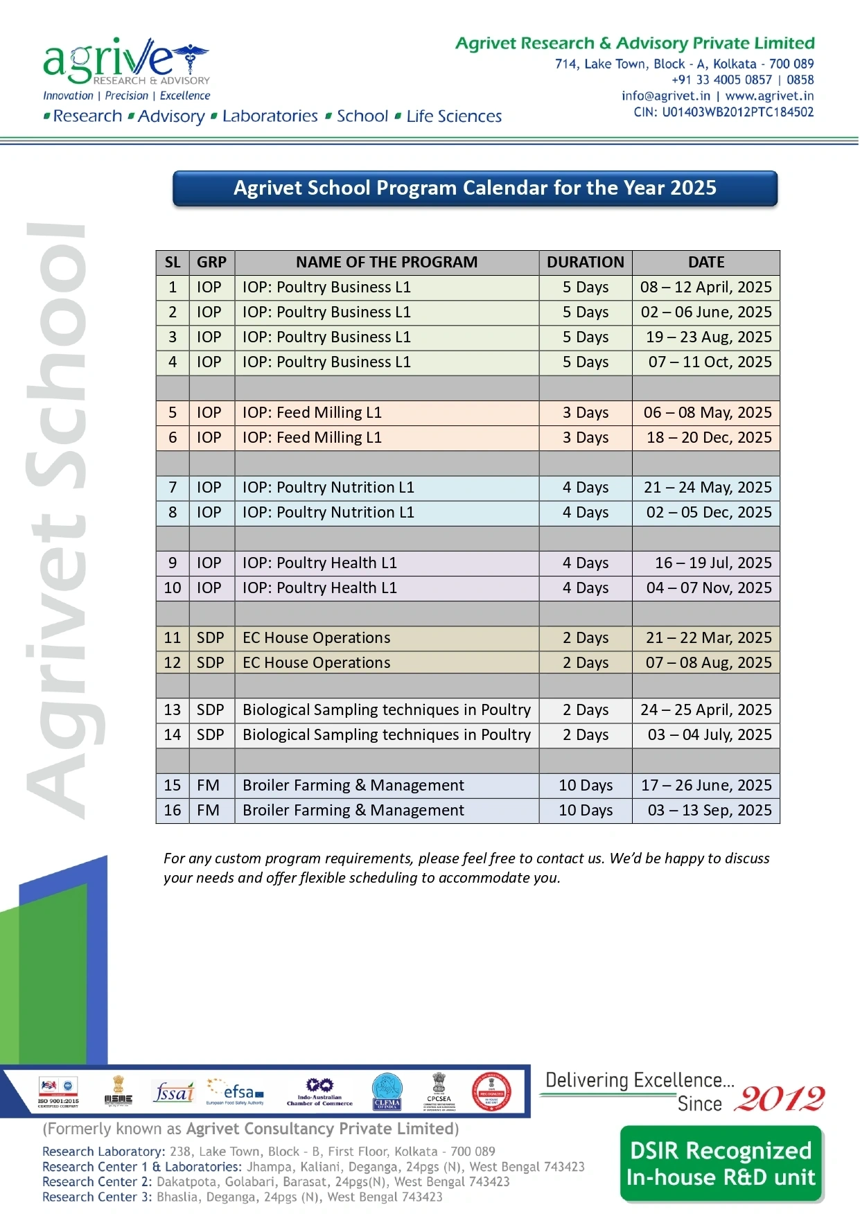 Agrivet School Program Calendar